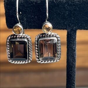 Vintage Estate Artisan dangle earrings. Sterling Silver, smoky quartz, & citrine